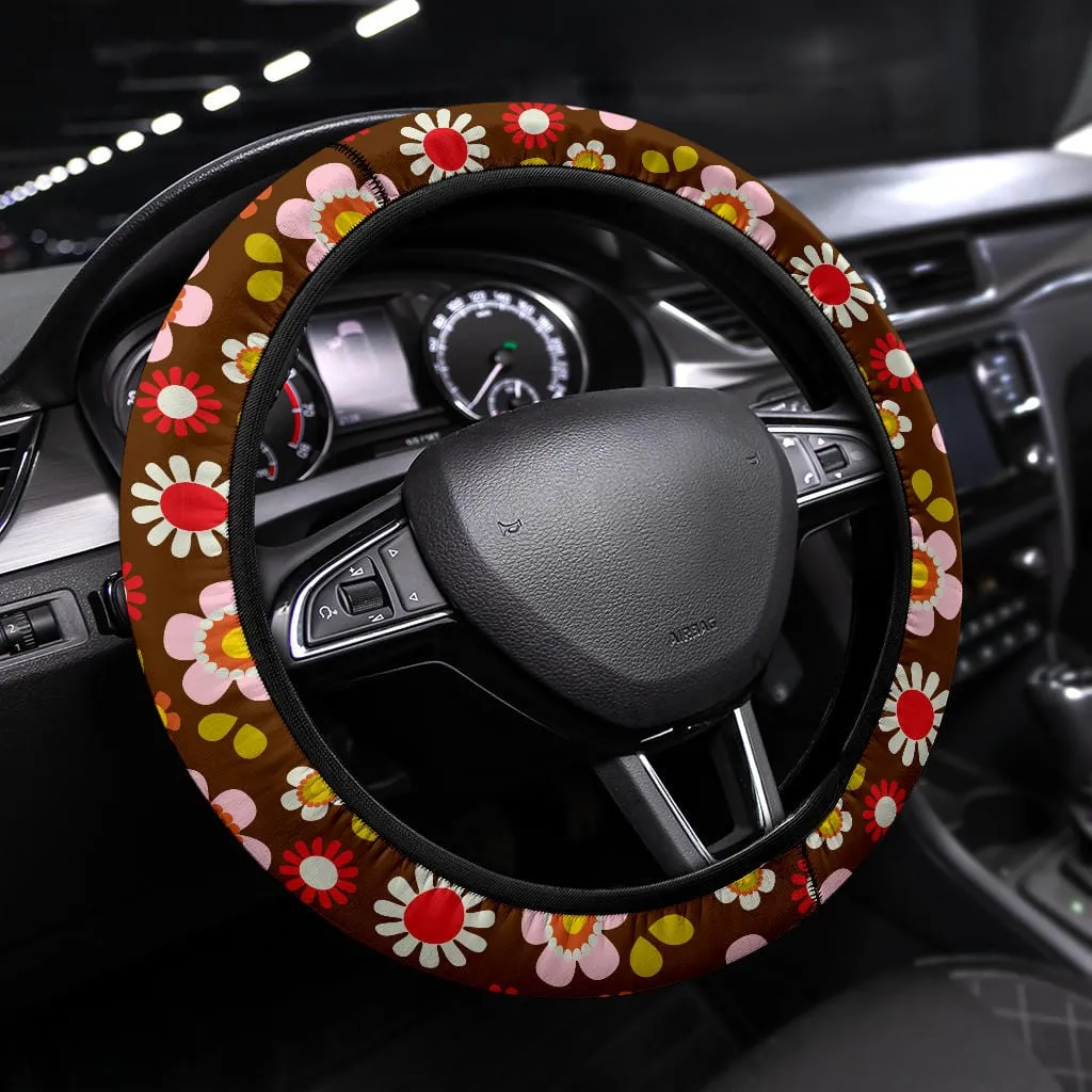Retro Brown Daisy Mod Steering Wheel Covers