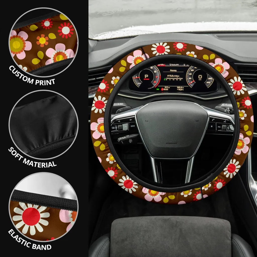 Retro Brown Daisy Mod Steering Wheel Covers