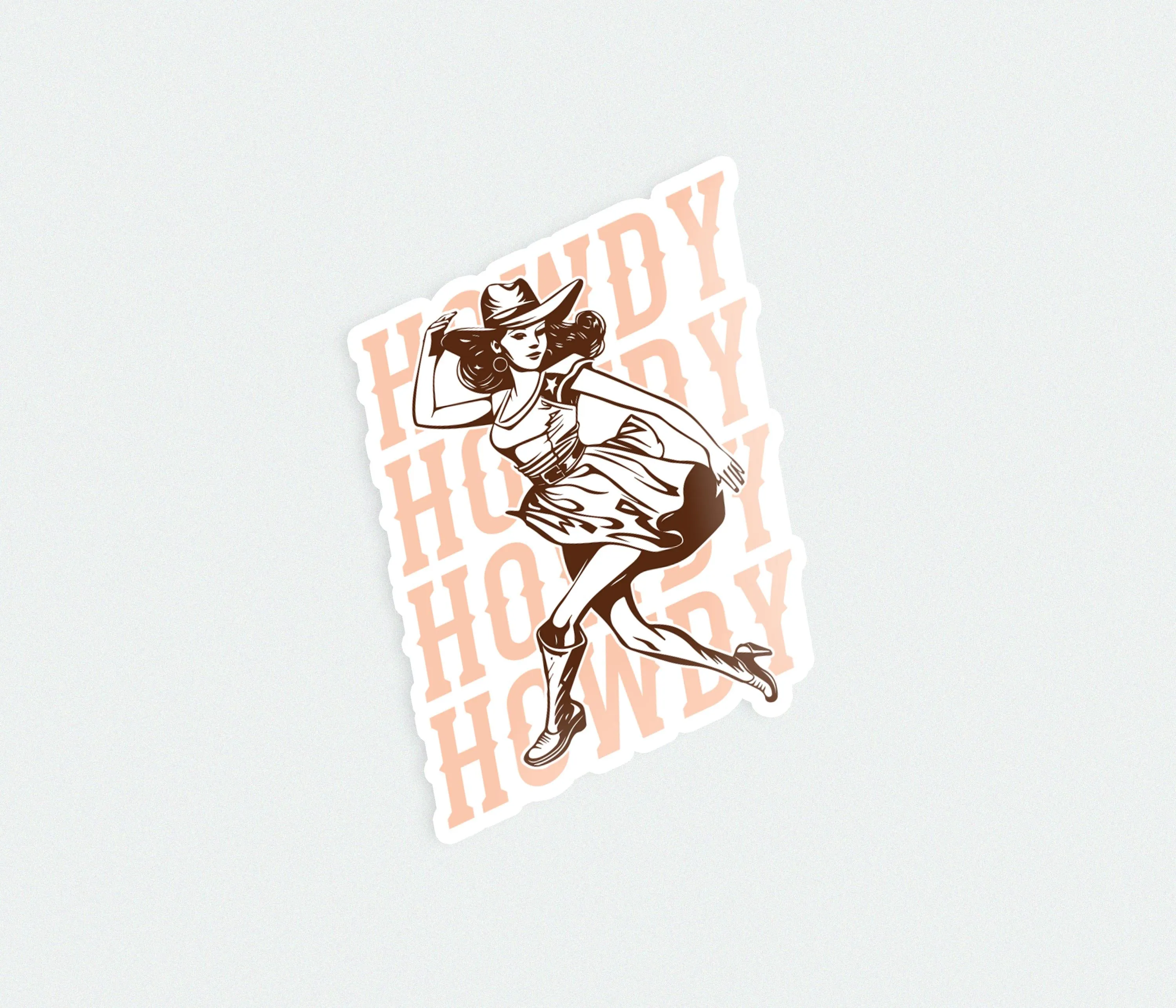 Retro Cowgirl Sticker, Sassy Brown Cowgirl with Pink 'Howdy' Vinyl Decal for Laptops, Water Bottles & Wild West Gifts | Wild West Chic