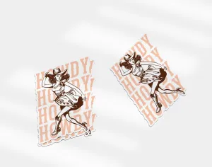Retro Cowgirl Sticker, Sassy Brown Cowgirl with Pink 'Howdy' Vinyl Decal for Laptops, Water Bottles & Wild West Gifts | Wild West Chic