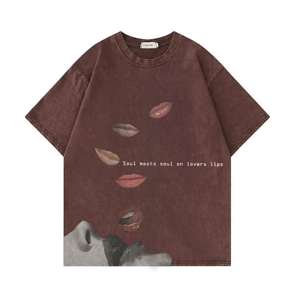 Retro Fun Lip Print Washed T-Shirt