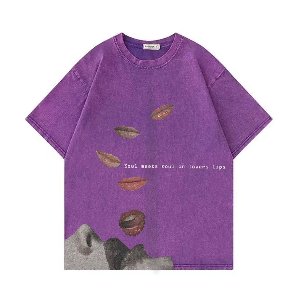 Retro Fun Lip Print Washed T-Shirt