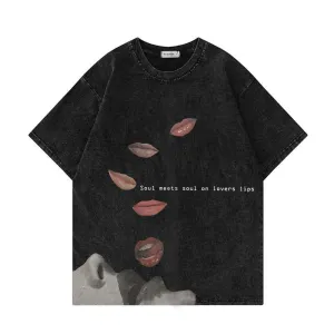 Retro Fun Lip Print Washed T-Shirt