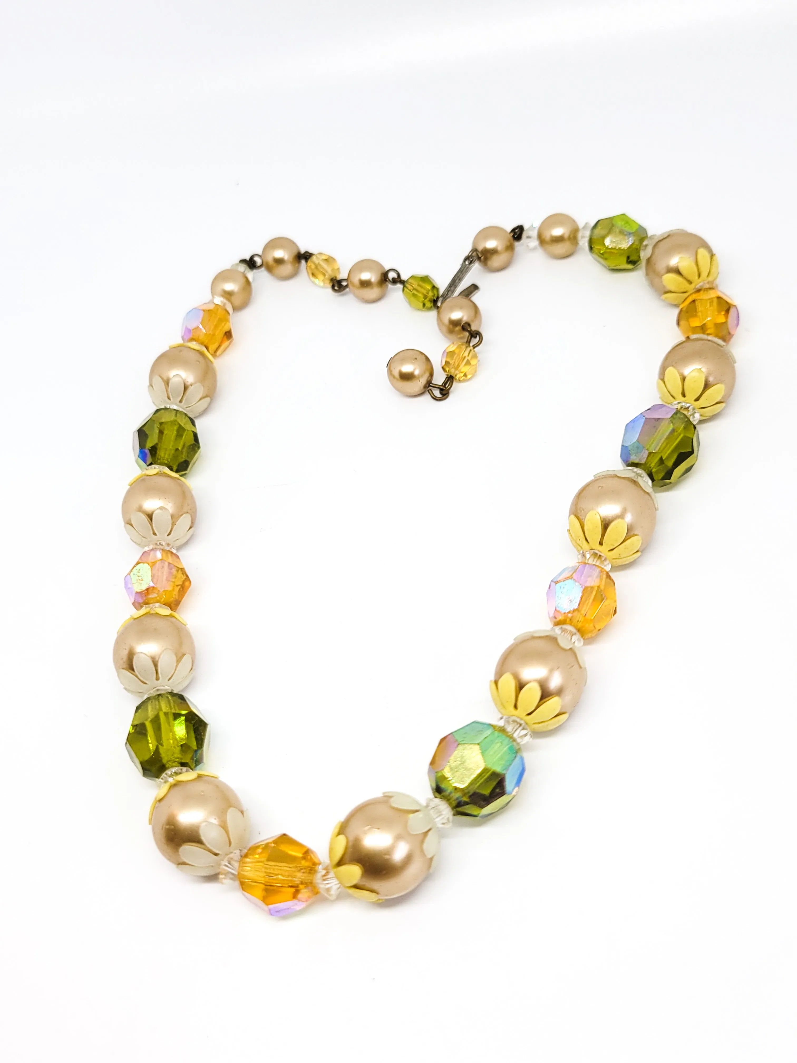Retro  Hippie Autumn flower power Austrian crystal faux pearl beaded vintage necklace