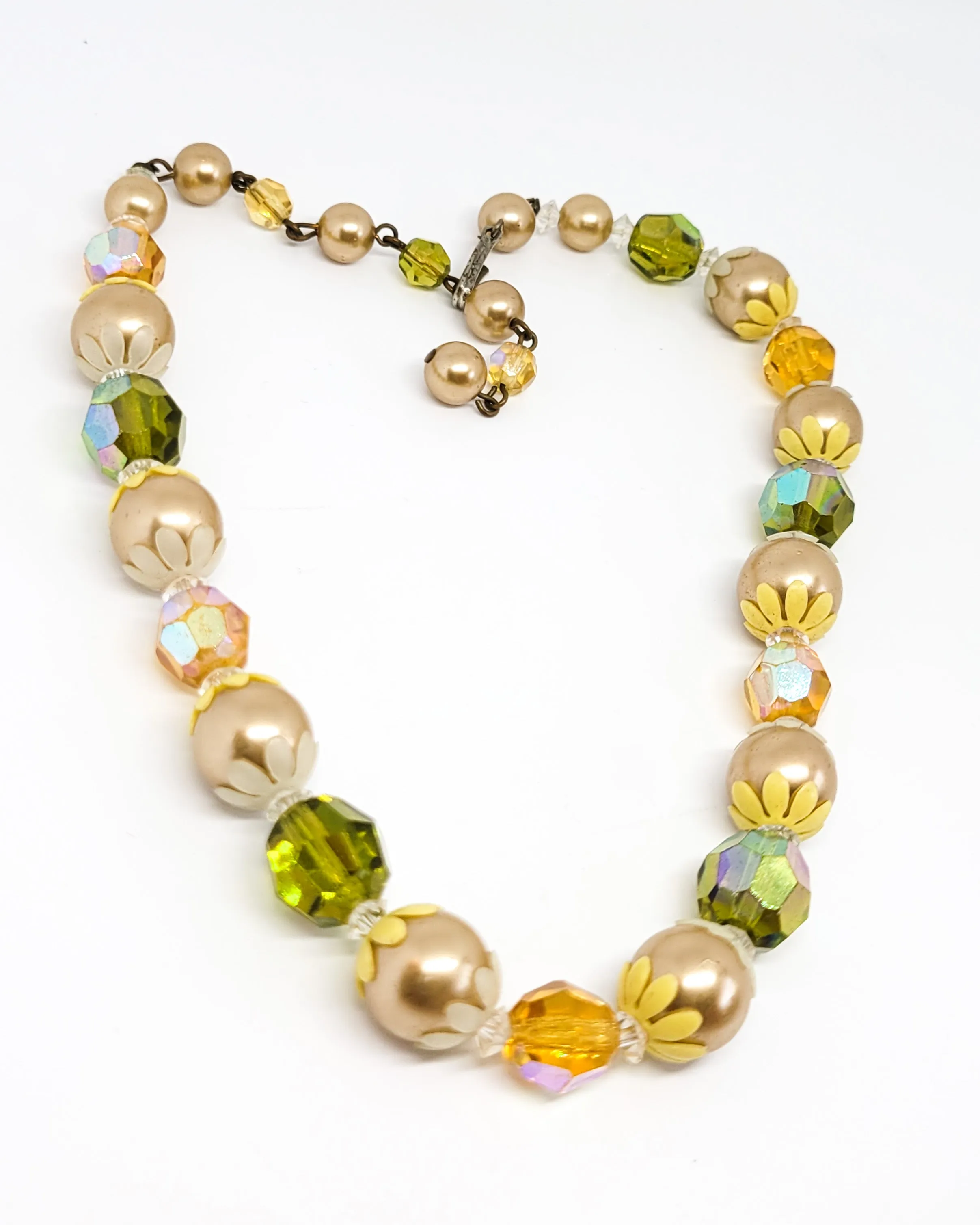 Retro  Hippie Autumn flower power Austrian crystal faux pearl beaded vintage necklace