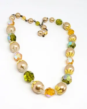 Retro  Hippie Autumn flower power Austrian crystal faux pearl beaded vintage necklace