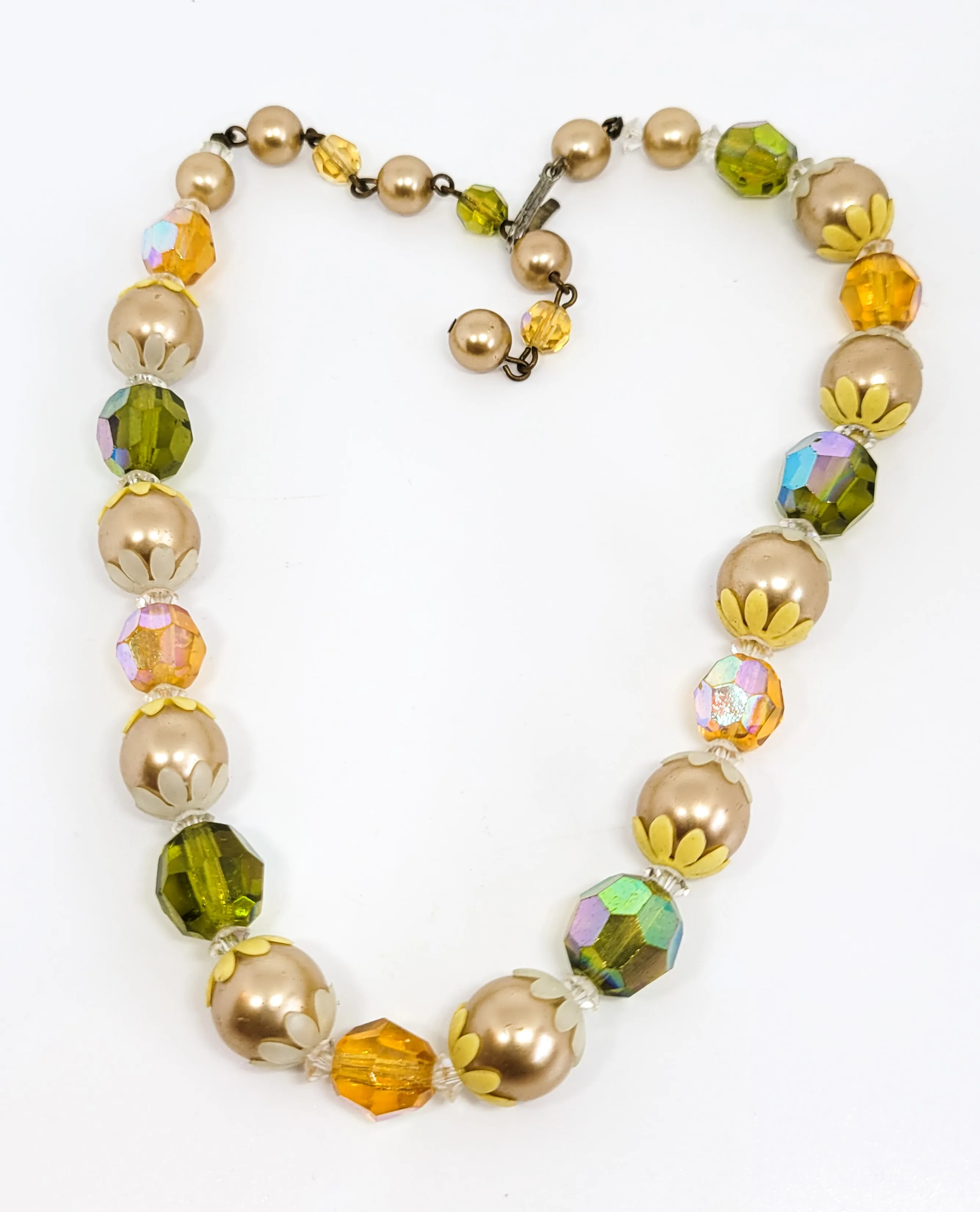 Retro  Hippie Autumn flower power Austrian crystal faux pearl beaded vintage necklace