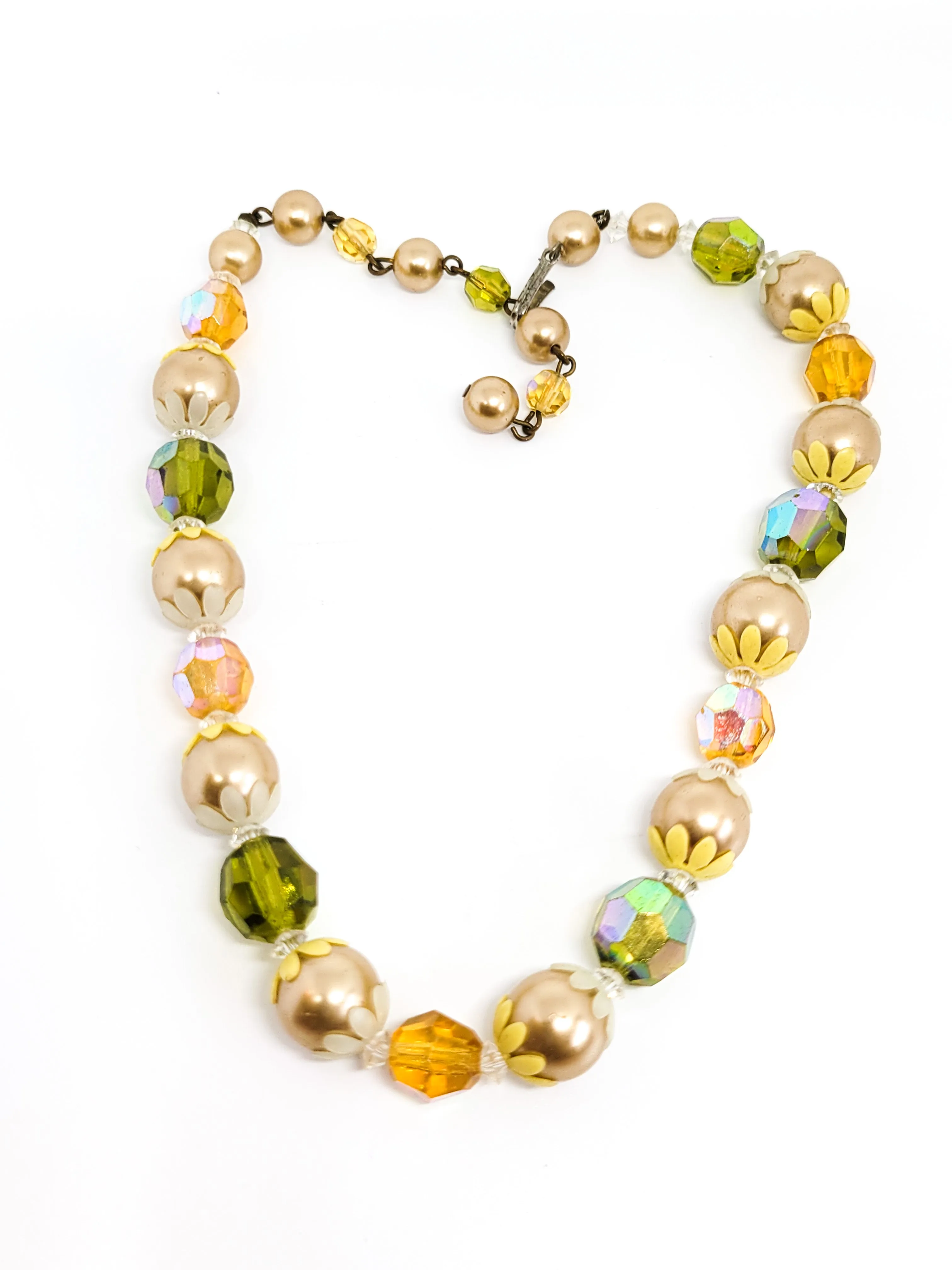 Retro  Hippie Autumn flower power Austrian crystal faux pearl beaded vintage necklace