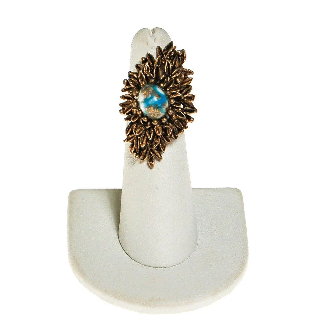 Retro Statement Ring Antique Gold Tone with Speckled Turquoise Cabochon Center