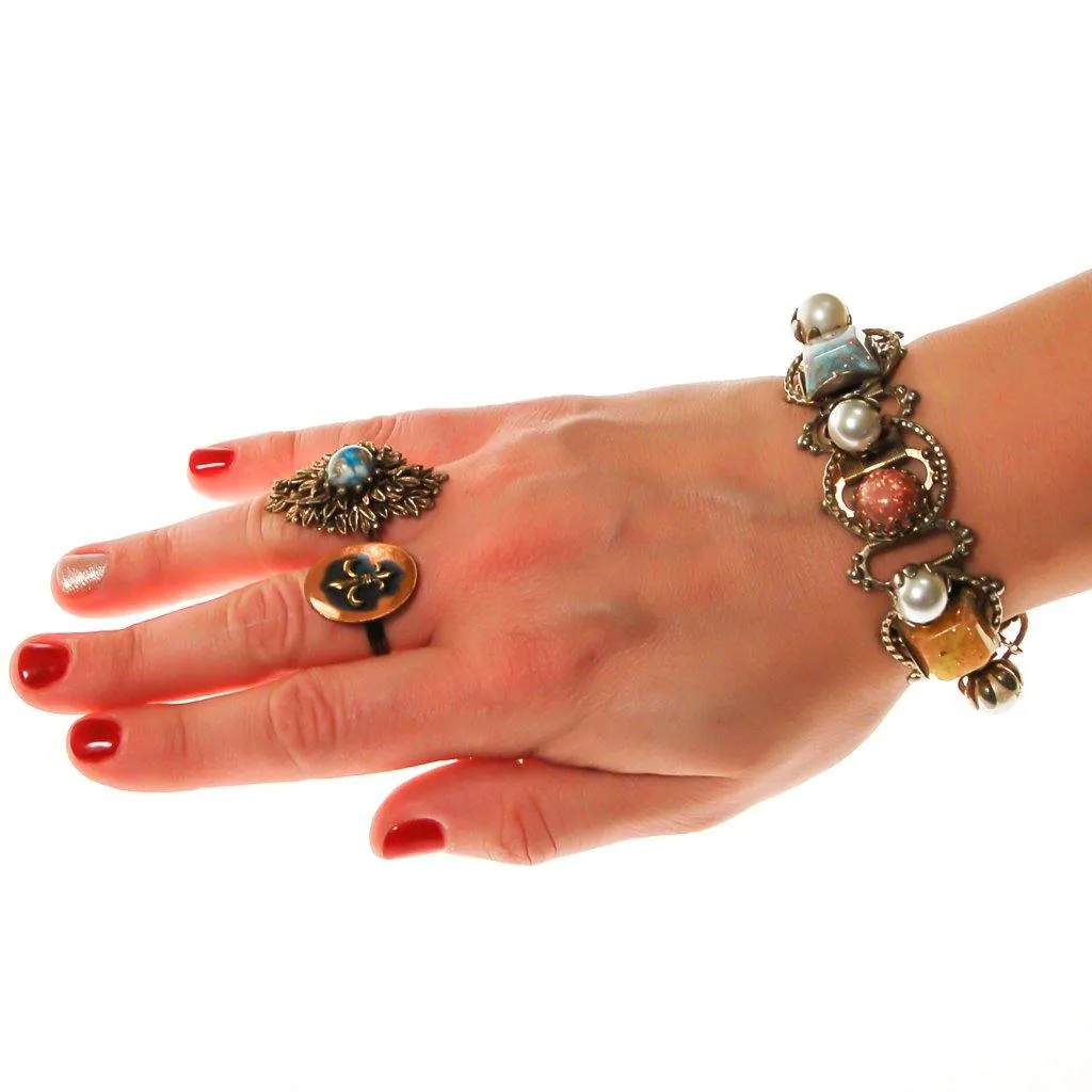 Retro Statement Ring Antique Gold Tone with Speckled Turquoise Cabochon Center