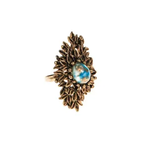 Retro Statement Ring Antique Gold Tone with Speckled Turquoise Cabochon Center