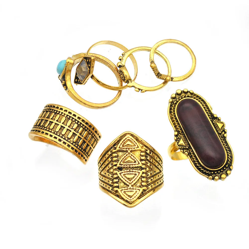 Ring Finger Set Ethnic Wind Carved Diamond Retro Gemstone Ring Seven-piece Set