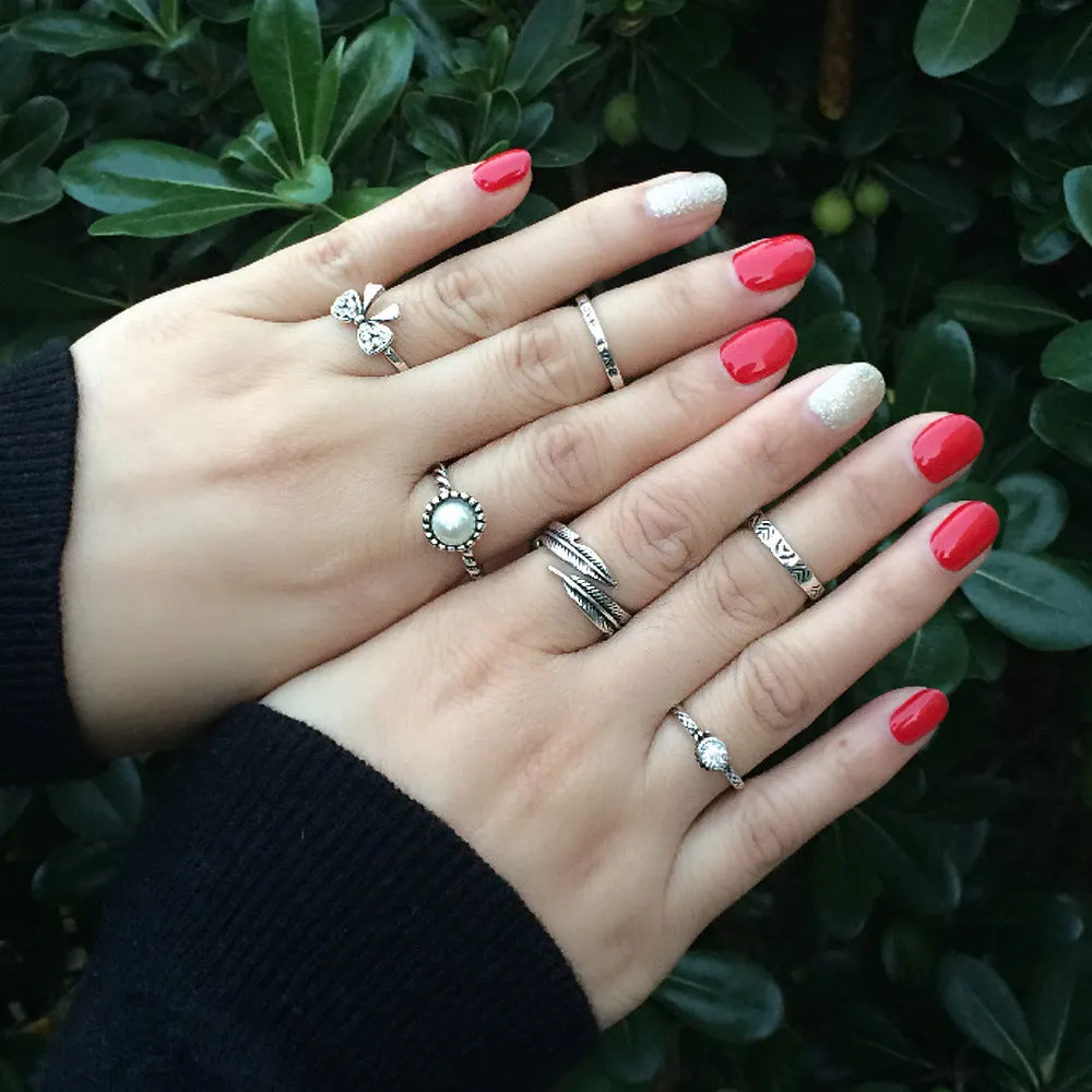 Ring Finger Set Ethnic Wind Carved Diamond Retro Gemstone Ring Seven-piece Set