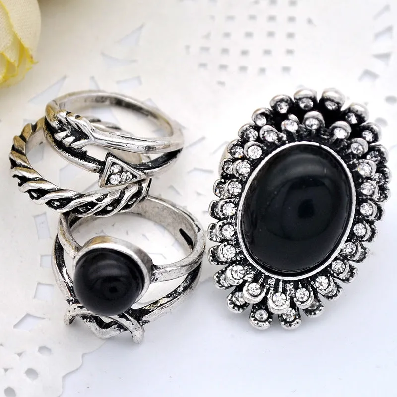 Ring Finger Set Ethnic Wind Carved Diamond Retro Gemstone Ring Seven-piece Set