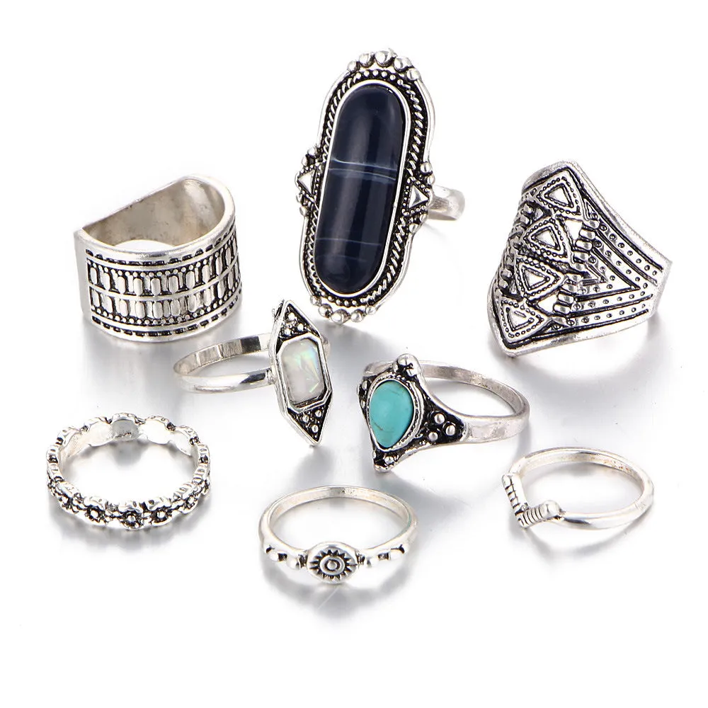Ring Finger Set Ethnic Wind Carved Diamond Retro Gemstone Ring Seven-piece Set
