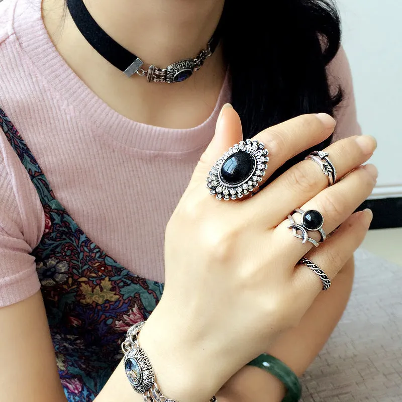 Ring Finger Set Ethnic Wind Carved Diamond Retro Gemstone Ring Seven-piece Set