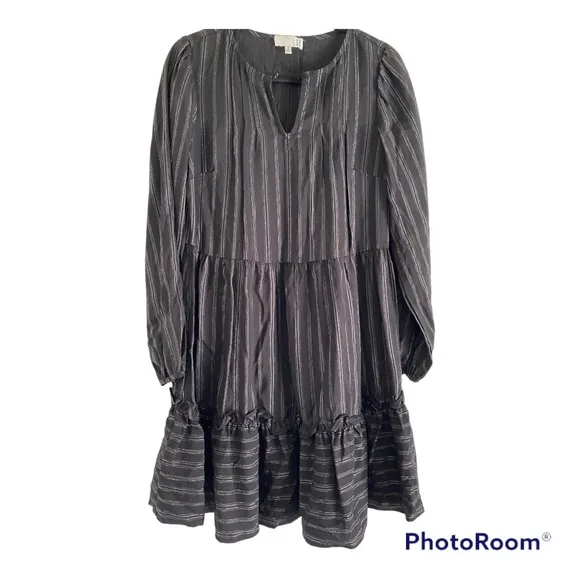 RO &amp; DE x Anthropologie Black &amp; Siver Metallic Peasant Boho Mini Dress.