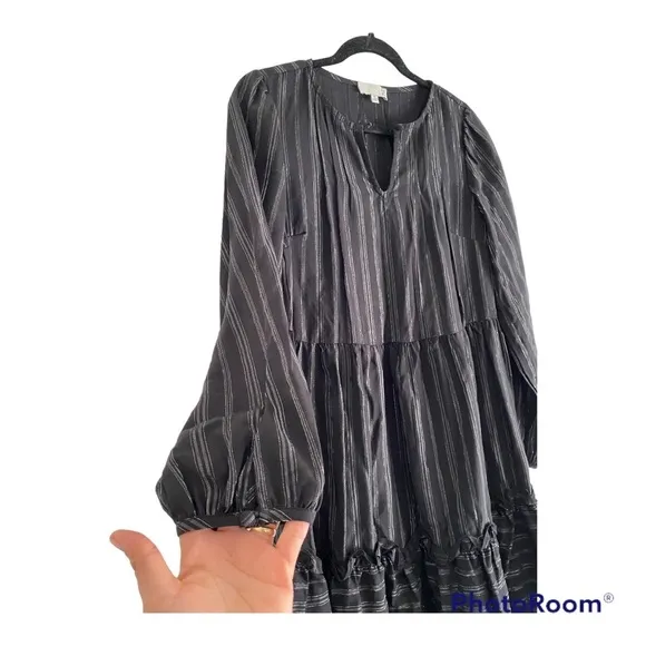 RO &amp; DE x Anthropologie Black &amp; Siver Metallic Peasant Boho Mini Dress.