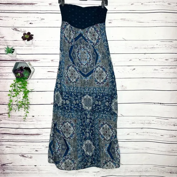 Roxy Super Nova Strapless Blue Print Maxi Dress Size Small