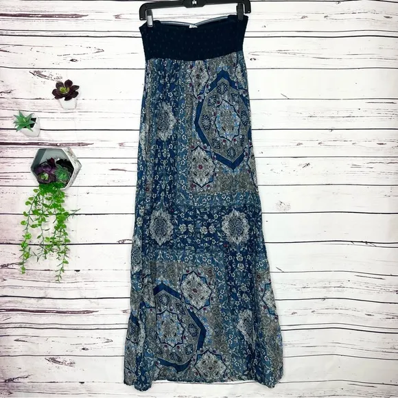Roxy Super Nova Strapless Blue Print Maxi Dress Size Small