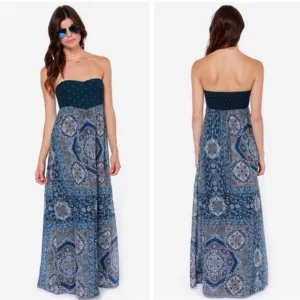 Roxy Super Nova Strapless Blue Print Maxi Dress Size Small
