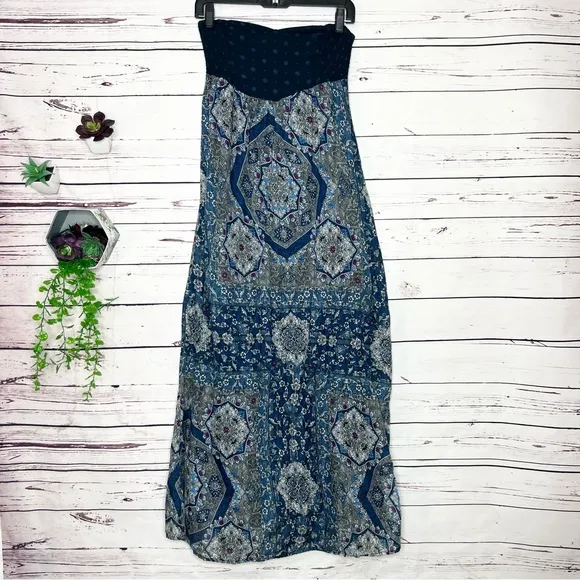 Roxy Super Nova Strapless Blue Print Maxi Dress Size Small