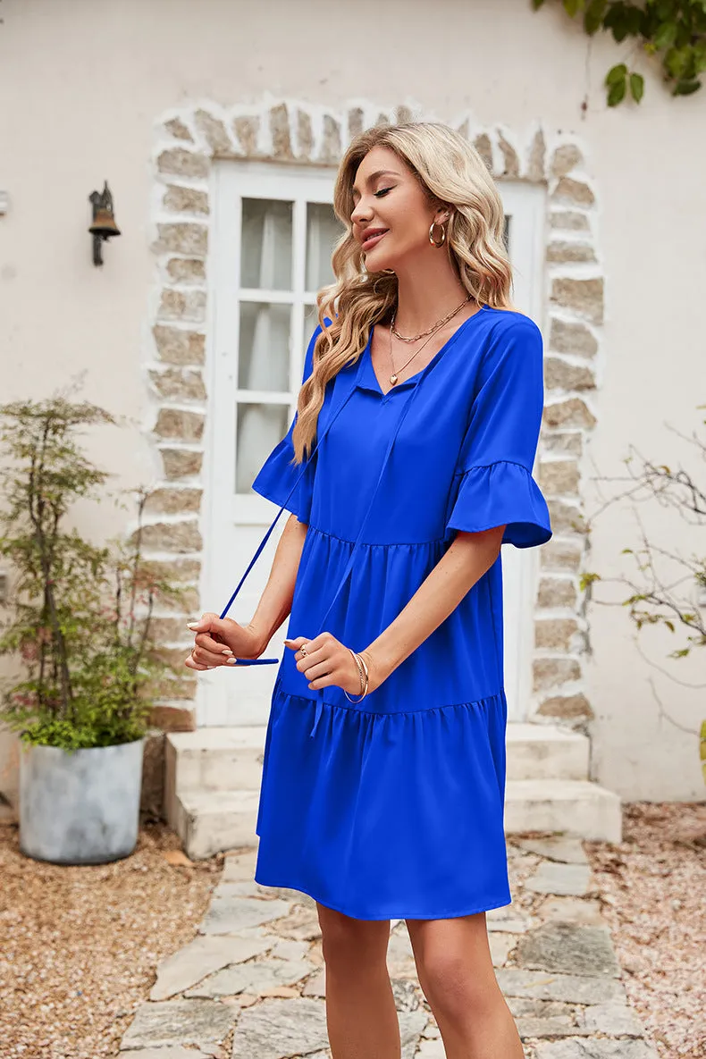 Ruffle Trim Tie Neck Flounce Sleeve Tiered Dress (3 Colors)