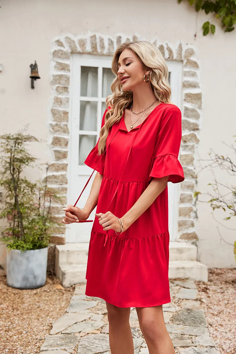 Ruffle Trim Tie Neck Flounce Sleeve Tiered Dress (3 Colors)