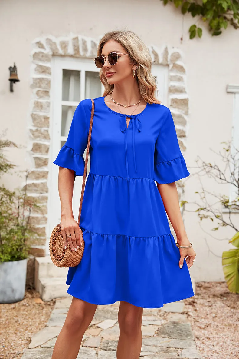 Ruffle Trim Tie Neck Flounce Sleeve Tiered Dress (3 Colors)