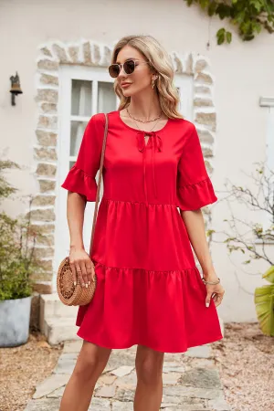 Ruffle Trim Tie Neck Flounce Sleeve Tiered Dress (3 Colors)