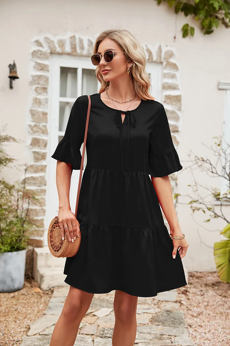 Ruffle Trim Tie Neck Flounce Sleeve Tiered Dress (3 Colors)