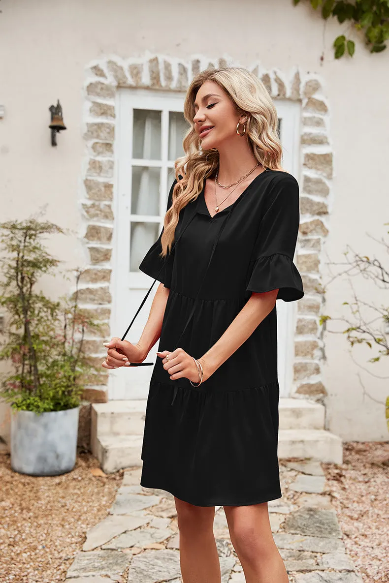 Ruffle Trim Tie Neck Flounce Sleeve Tiered Dress (3 Colors)