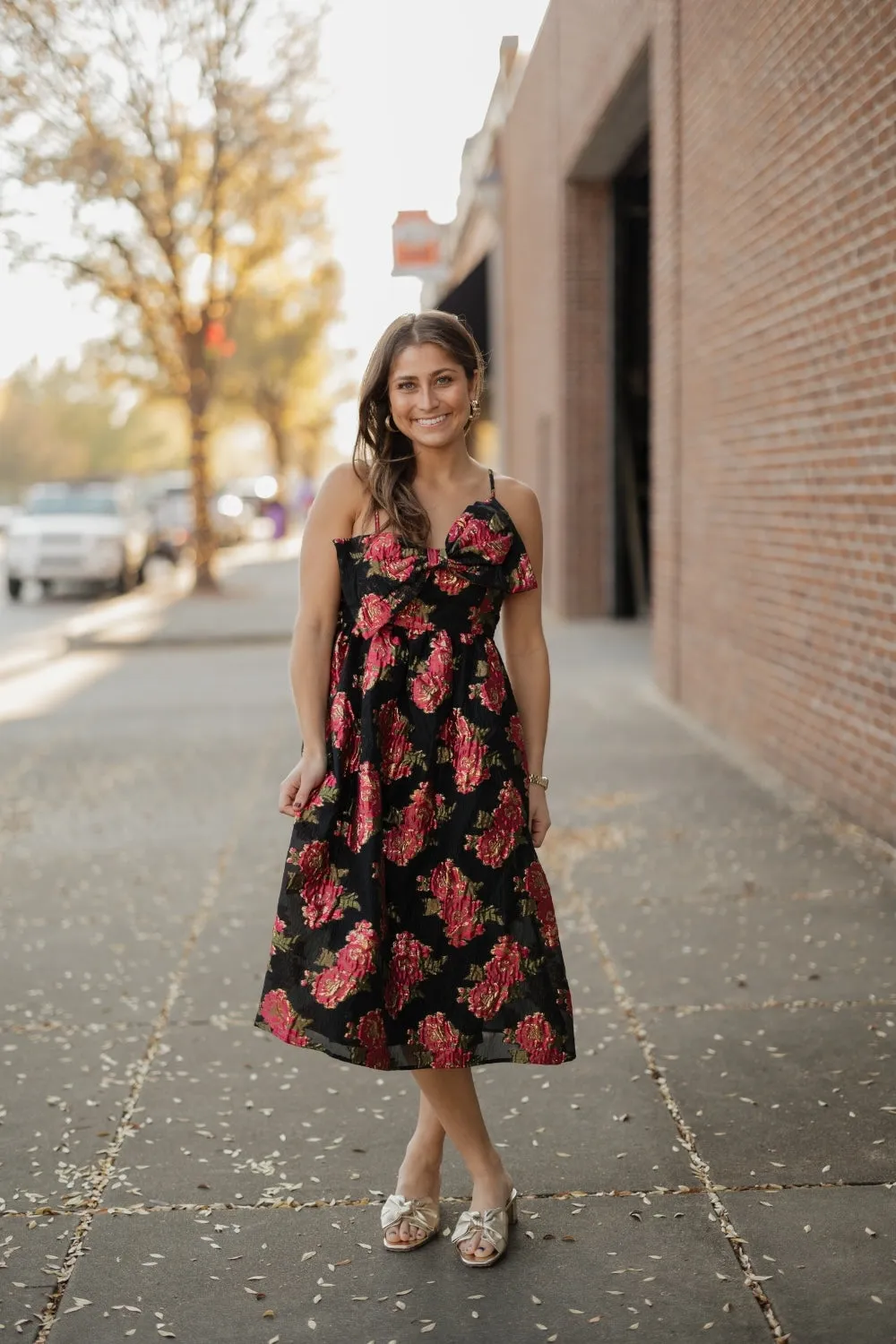 Scarlet Blossom Noir Bow Midi Dress