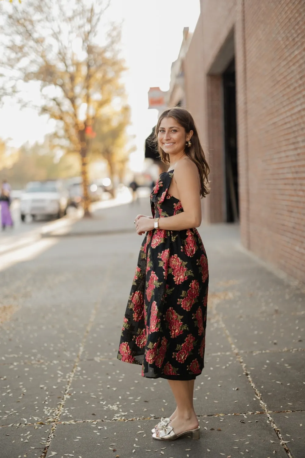 Scarlet Blossom Noir Bow Midi Dress