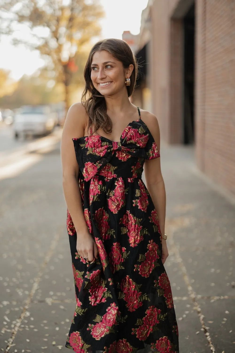 Scarlet Blossom Noir Bow Midi Dress