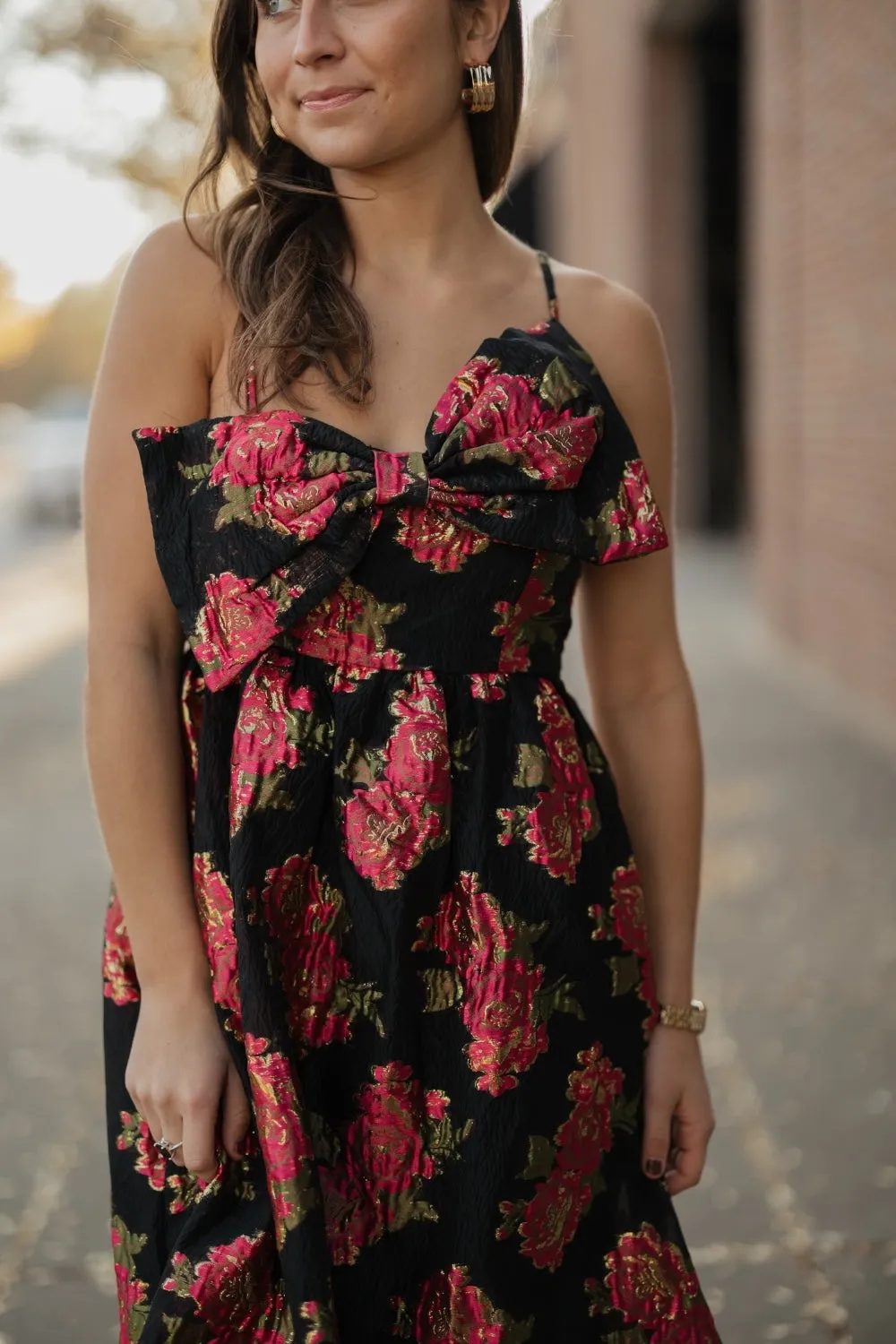 Scarlet Blossom Noir Bow Midi Dress