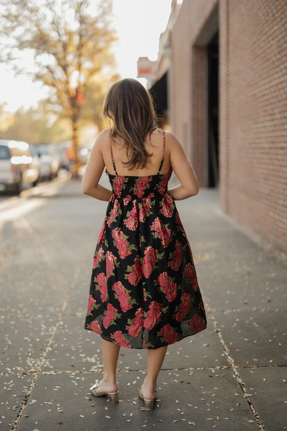 Scarlet Blossom Noir Bow Midi Dress