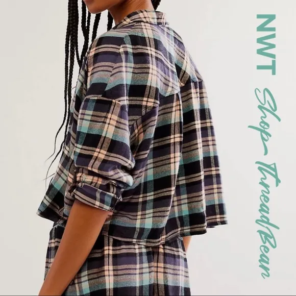 Set! ✵☽Free People☾✵ Blue   Green Plaid NWT Flannel Pajama PJ Short Set | XS