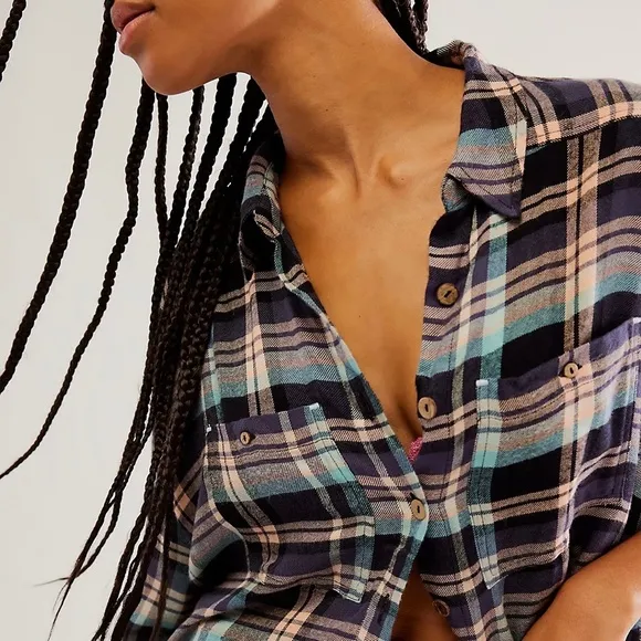 Set! ✵☽Free People☾✵ Blue   Green Plaid NWT Flannel Pajama PJ Short Set | XS