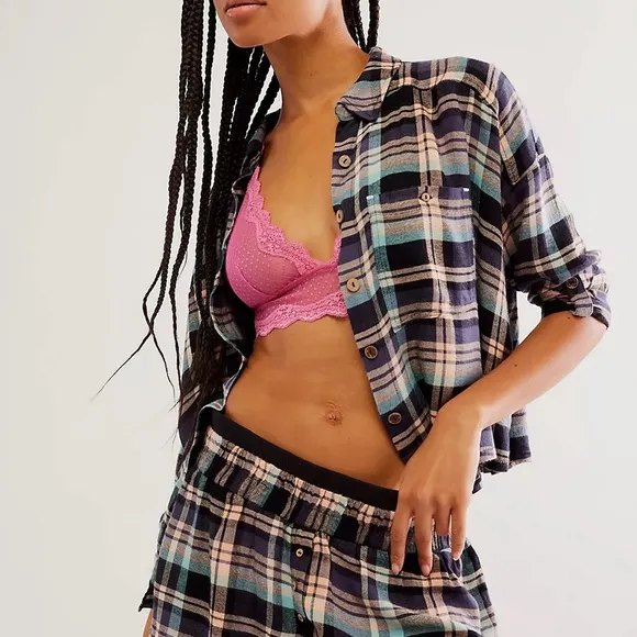 Set! ✵☽Free People☾✵ Blue   Green Plaid NWT Flannel Pajama PJ Short Set | XS