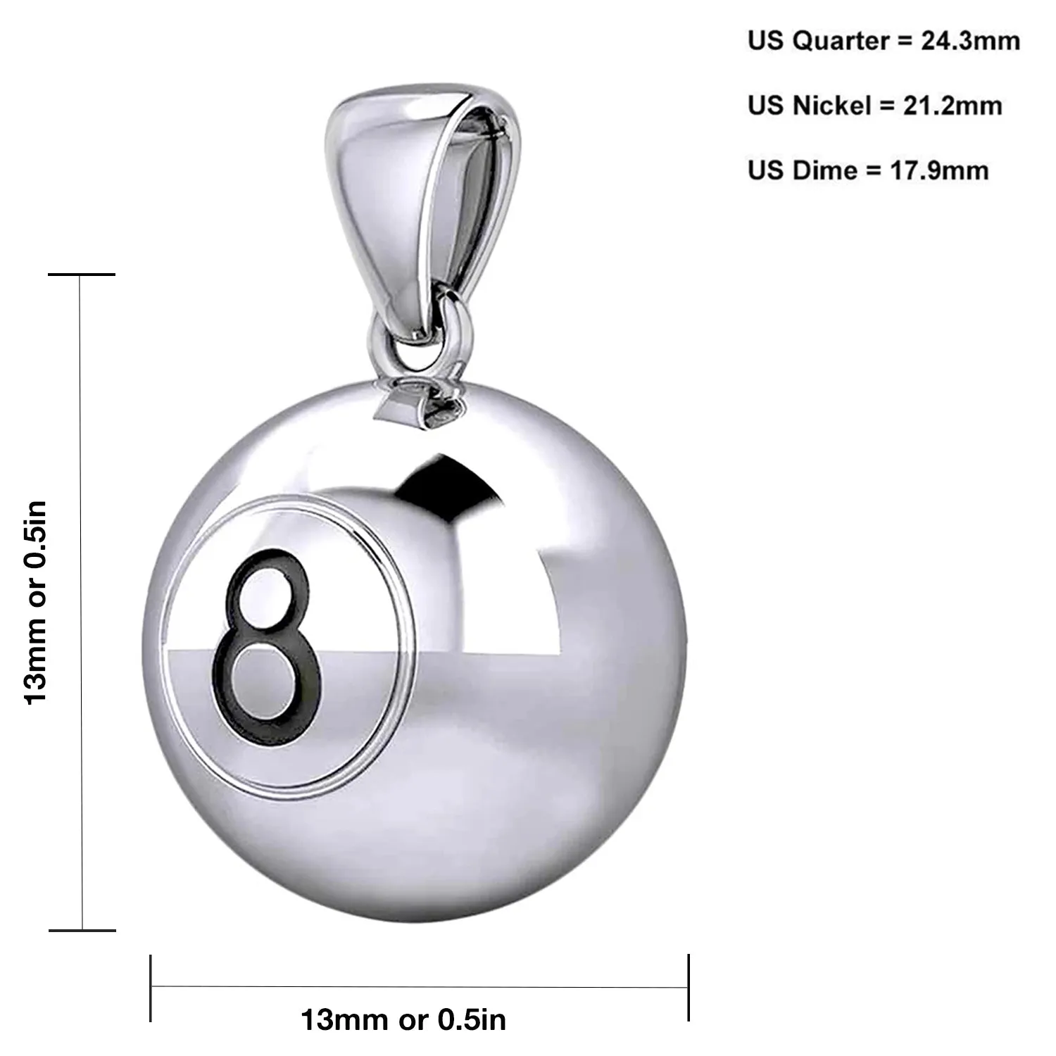 Small 925 Sterling Silver 3D Eight 8 Ball Billiards Pendant Necklace, 13mm