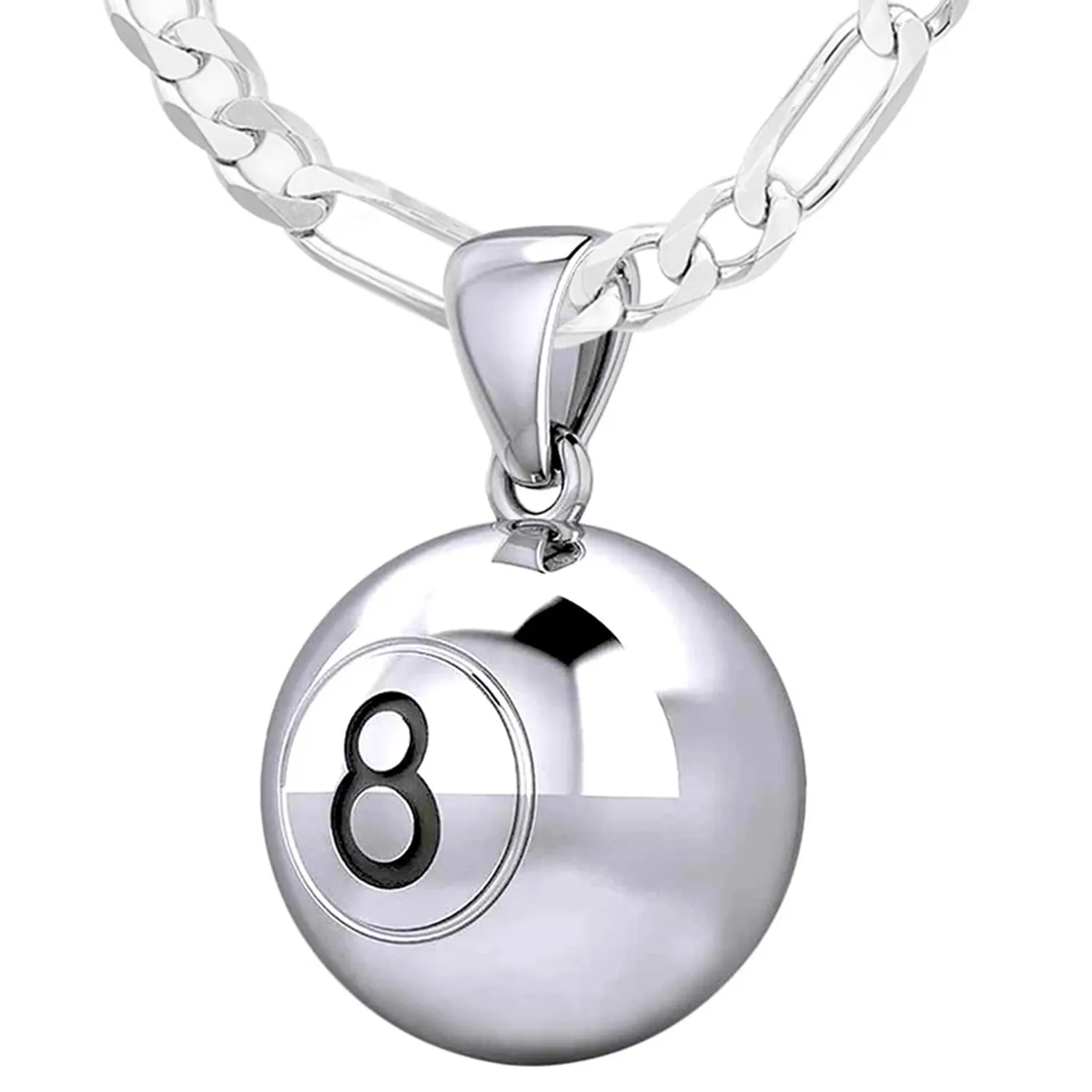 Small 925 Sterling Silver 3D Eight 8 Ball Billiards Pendant Necklace, 13mm