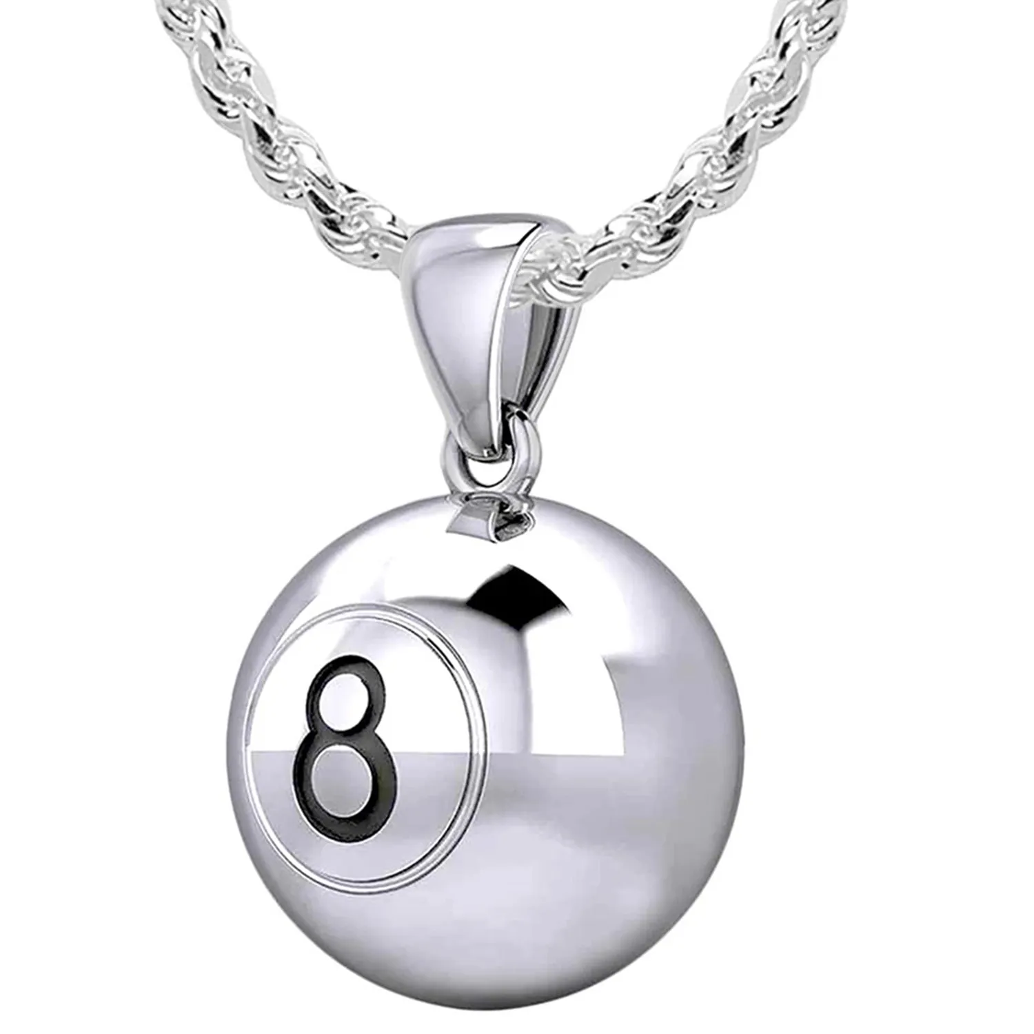 Small 925 Sterling Silver 3D Eight 8 Ball Billiards Pendant Necklace, 13mm