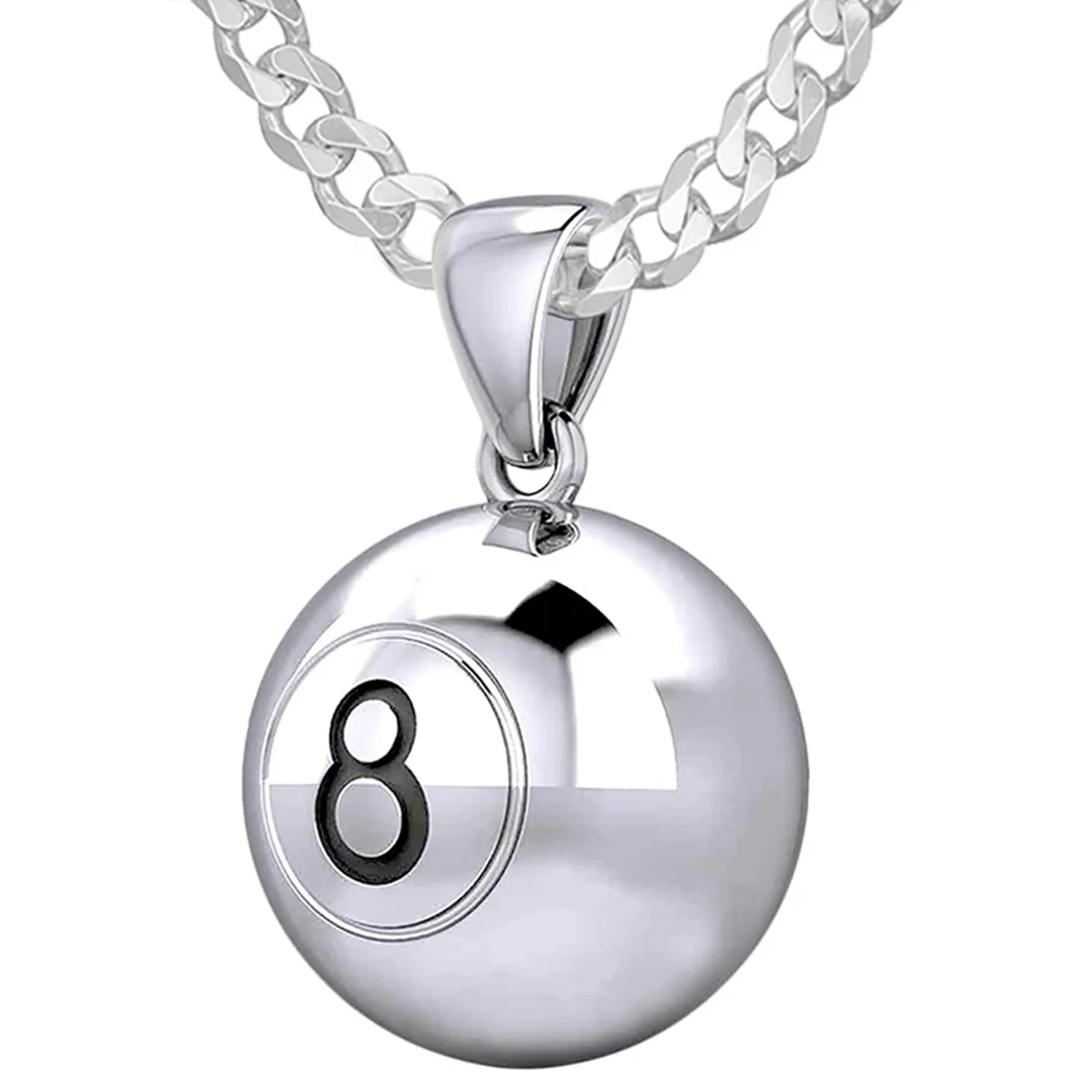 Small 925 Sterling Silver 3D Eight 8 Ball Billiards Pendant Necklace, 13mm