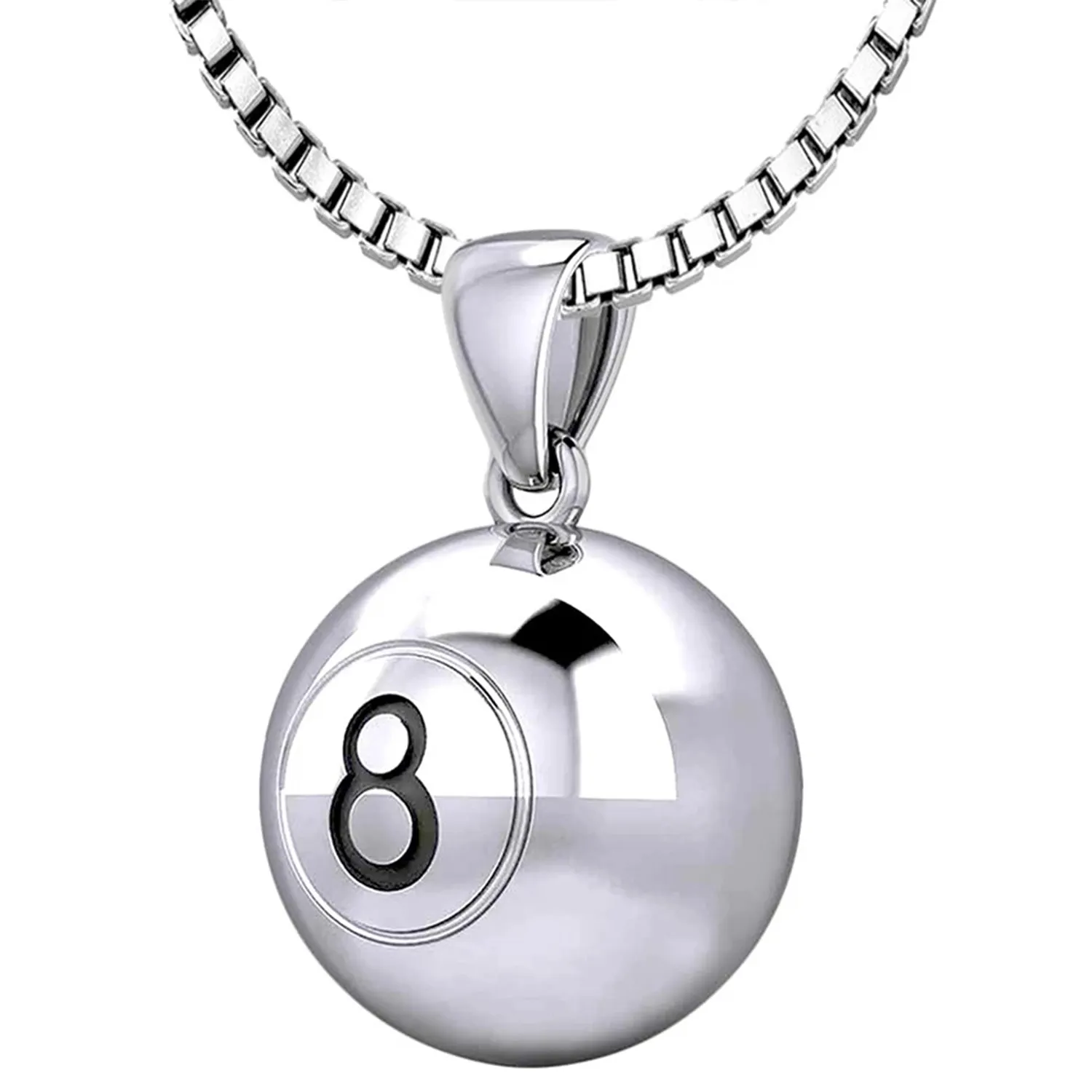 Small 925 Sterling Silver 3D Eight 8 Ball Billiards Pendant Necklace, 13mm