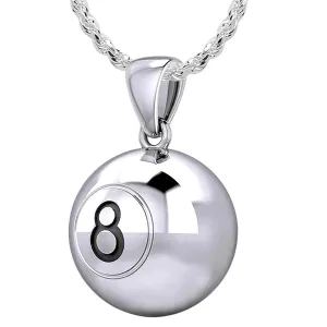 Small 925 Sterling Silver 3D Eight 8 Ball Billiards Pendant Necklace, 13mm