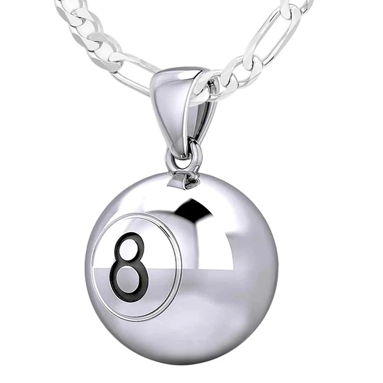 Small 925 Sterling Silver 3D Eight 8 Ball Billiards Pendant Necklace, 13mm