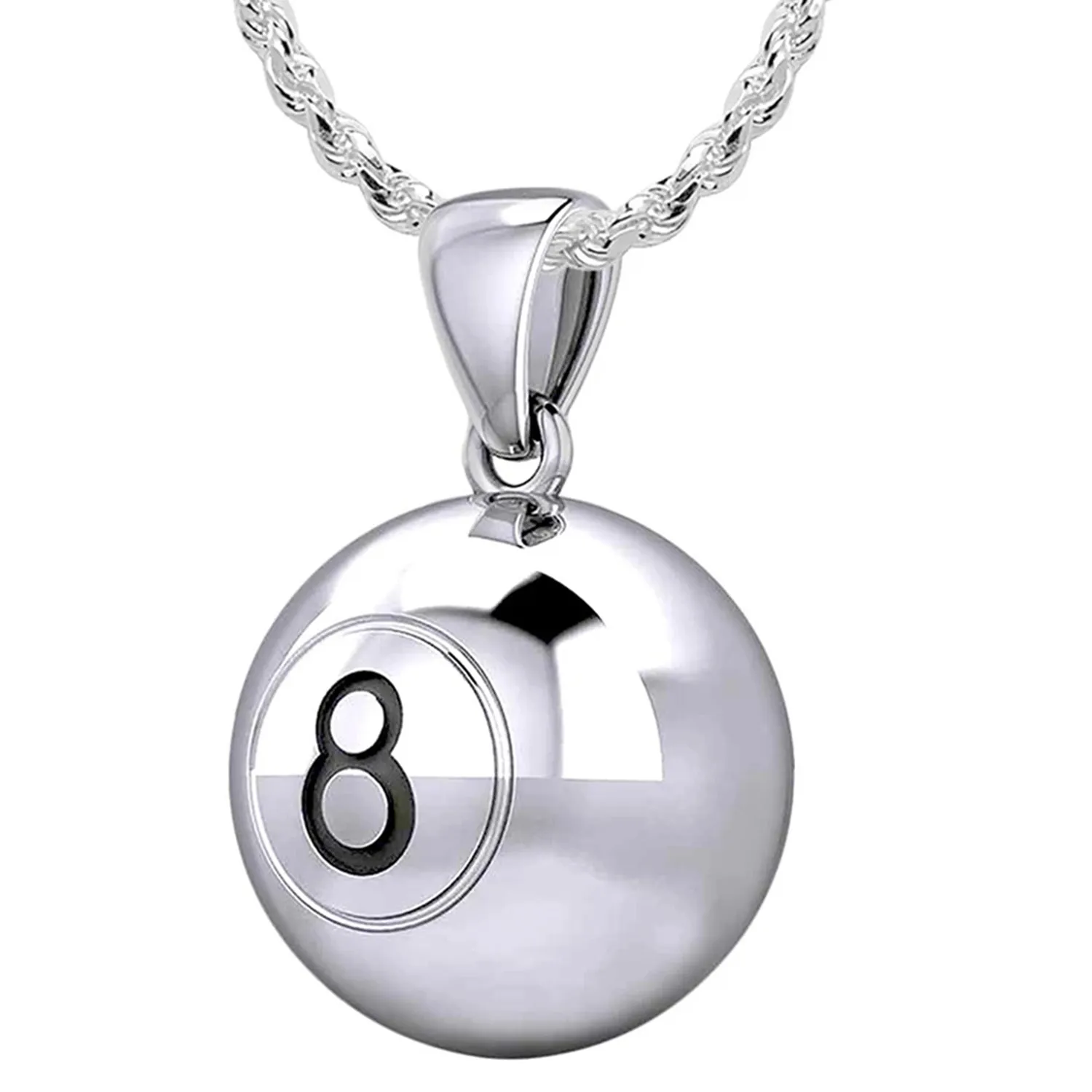 Small 925 Sterling Silver 3D Eight 8 Ball Billiards Pendant Necklace, 13mm