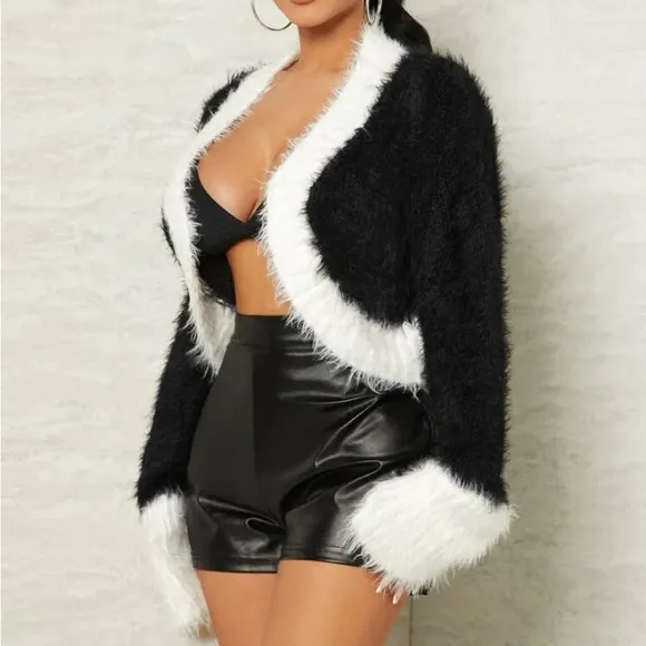 Soft Fuzzy Furry Color-block Cropped Cardigan Sweater