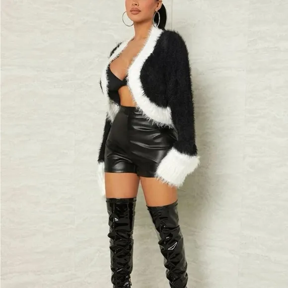 Soft Fuzzy Furry Color-block Cropped Cardigan Sweater